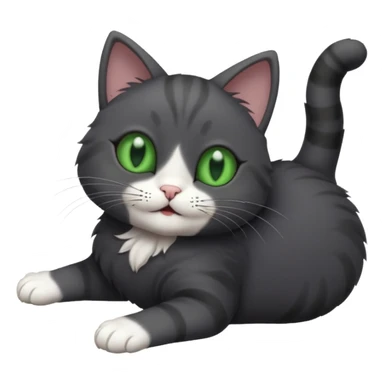 solid dark grey cat with green eyes, white toes/paws playfully rolling upside down sticker
