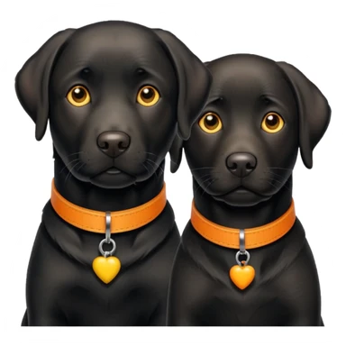 2 black labrador, adult, one has a yellow and the other an orange collar sticker