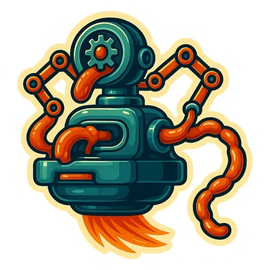 sausage-processing droid. retro-futuristic style. in front is a large industrial grinder rotating gears and blades. Two robotic arms feed material into grinder. Sausage links extrude from the rear like  factory. The body is metallic, compact, and floats above the ground.no legs. Dark humor sticker