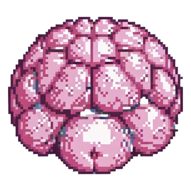 16-bit pixel art of a pink brain-shaped blob, smooth rounded brain texture, simple retro gaming style sticker