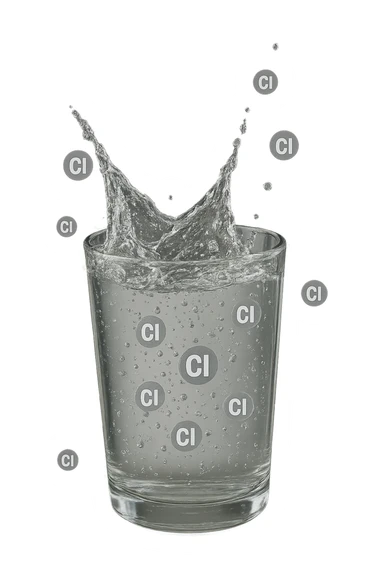 un bicchiere di acqua cade verticalmente dall'alto realistico e dettagliato, dentro l'acqua del bicchiere ci sono particelle di cloro ben visibili con la scritta "Cl" sopra, ci sono particelle anche che escono dal bicchiere e fluttuano in aria verticalmente, mentre alcune sono all'interno dell'acqua nel bicchiere, iperrealistico 4k sticker