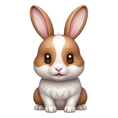 Cinematic Cute White and Brown Rabbit Portrait Emoji, Head tilted playfully and inquisitively, featuring a silky fur with a delicate mix of white and brown patches, round, sparkling eyes filled with curiosity, Simplified yet irresistibly adorable features, highly detailed, glowing with a warm, friendly glow, high shine, affectionate and lively, stylized with a touch of whimsy, bright and endearing, soft glowing outline, capturing the essence of a mischievous yet loving bunny, so playful it feels like it could hop out of the screen and into your arms! sticker