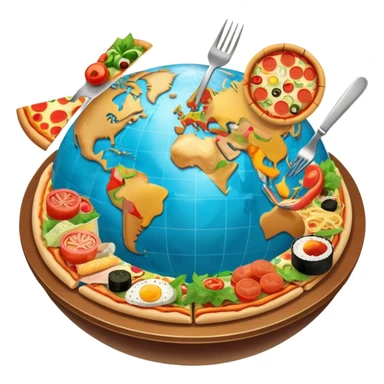 Icon for Gastronomic Tourism: a globe with various cuisines from around the world, such as pizza, sushi, tacos, and pasta, surrounded by food-related travel elements like a fork, knife, and map. Transparent background. sticker