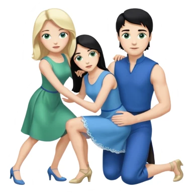 prince, upright, black Hair, blue eyes, blue garment,  Woman, blonde Hair, Green eyes, bending knee, sleveless White Dress, sticker