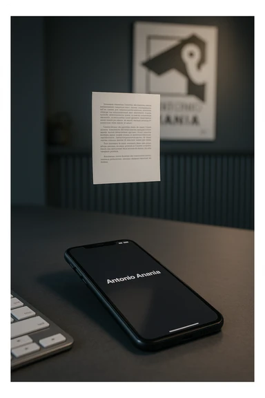 A photo of an iPhone with the message "Antonio Anania" on its screen, hovering over it is another document floating in mid-air, both surrounded by soft light and shadow. The phone sits atop a desk with a blurred background that suggests work environment. A faint glow from above casts gentle shadows across the surface of each object, creating depth and highlighting their textures. sticker