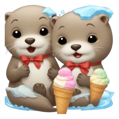 otter with baby otter and both eating ice cream and with a bow ontop sticker