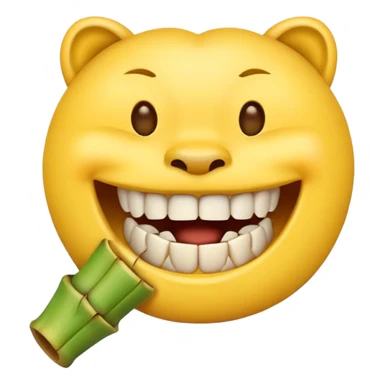 yellow emoji face biting on bamboo muzzle with teeth visible sticker