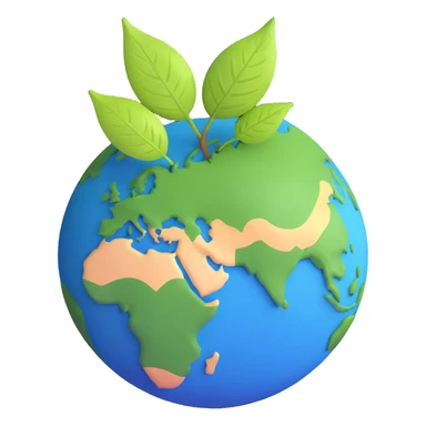 A single green leaf resting gently on top of a vibrant, round Earth globe. The focus is on the leaf and the globe with a simple background and soft natural lighting sticker
