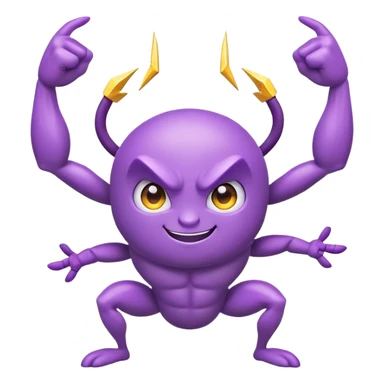 cute purple bug with confident narrowed eyes, strong flexing muscular arms, a fun happy smiling expression, and electric lightning bolt arms sticker