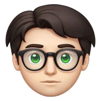 young male emoji with wide face, fuller lips, very poofy voluminous dark straight hair (not curly), big ears, pale skin, glasses, green eyes set wider apart, very light stubble sticker