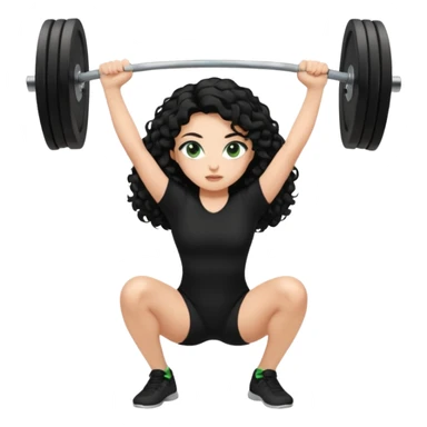 “Generate an image of a girl performing a snatch lift. She is Caucasian, has long curly black hair, green eyes, and long eyelashes. She is wearing a black shirt. The background can be black. sticker