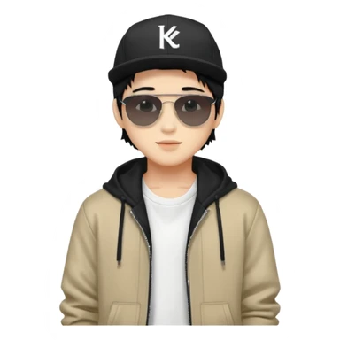 Portrait of a male K-pop idol, wearing a stylish streetwear outfit with layered clothing, makeup, wearing a black cap, happy, sunglasses sticker