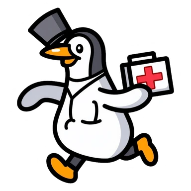 Side view of a penguin doctor running, wearing a top hat, holding a medical box with a red cross sticker