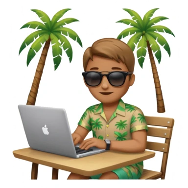 A gender-neutral emoji-style character (🧑‍💻) sitting at a small table with a laptop on the beach, palm tree and sea behind sticker