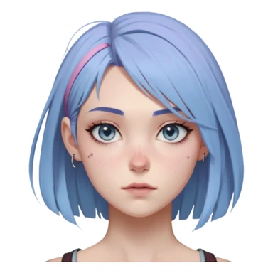 Vi from Arcane (Netflix Animation)

Face Shape: Strong, angular with high cheekbones and a defined jawline. Slightly pointed chin.
Skin Tone: Fair with a pinkish undertone.
Eyes: Large, almond-shaped, slightly downward-tilted, grey/light-blue.
Eyebrows: Thick, sharp, slightly arched, adding to her bold expression.
Nose: Small to medium with a slightly upturned tip.
Lips: Full but not overly plump, often pursed or smirking.
Hair: left side shaved, right side with long, voluminous bangs partially covering her eye. The back is short and messy.
Other Features: Light freckles, a scar on her right eyebrow.
Expression: Intense and confident, often smirking or glaring.
Accessories: Small silver hoop earring in her left ear.
Tattoo: Roman numeral "VI" on her left cheekbone, below her eye. sticker