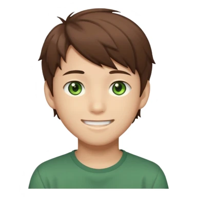 Discord emoji. the face of an Anime asian style teen boy with brown hair, green eyes, looking smiling slightly sideways positioned. Face must be main filling of the frame.  128px sticker