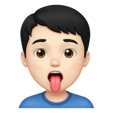 Boy with pale skin, black hair, making a blushing face, mouth open, drooling sticker