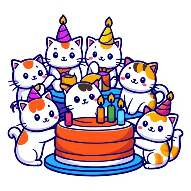 six happy cats wearing colorful party hats celebrating a birthday party around a festive cake made entirely of sushi with candles sticker