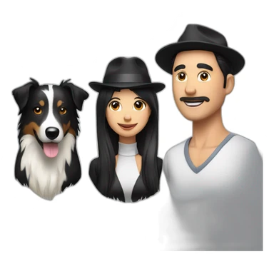 group of 3 consisting of man in hat and woman with black ponytail long hair and small black border collie dog sticker