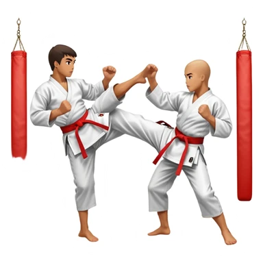 Two karate fighters in traditional gi sparring. One executes a high kick aimed at the opponent’s head, while the other blocks with a strong hand defense. The background features a classic dojo with wooden flooring and banners. Dynamic motion and focused expressions. Transparent background. sticker