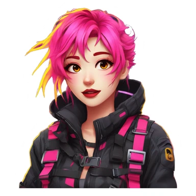 Gorgeous bright colorful neon techwear anime style lady with blushing face aesthetic and pretty edgy black red punk messy hair with collar and harness trending style sticker