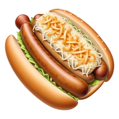 Bratwurst Cinematic Realistic Bratwurst Dish Emoji, depicted as a grilled bratwurst topped with a generous serving of shredded sauerkraut, rendered with rich textures and dynamic, appetizing lighting. sticker