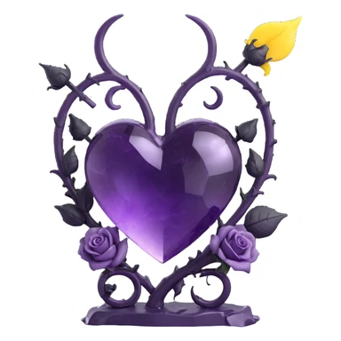 devil heart made of amethyst glass with small devil horns, forked tail, black roses at the base, crescent moon in background, stardust, stormy rain, fractured glass sticker