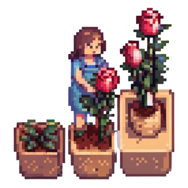 rose farm emoji with a worker grading and bunching roses, pixel art style sticker