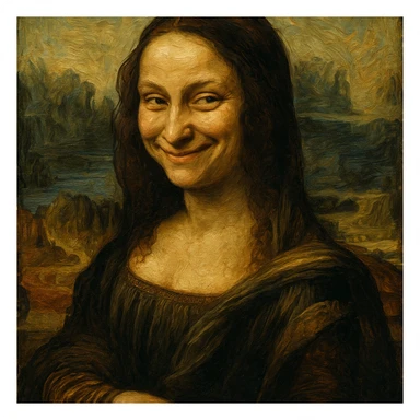 Mona Lisa in an oil painting style, mischievous and playful smirk, rich textures and brushstrokes sticker