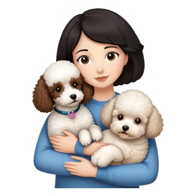 Woman with short black straight hair hugging a brown poodle and a white bichon frise sticker