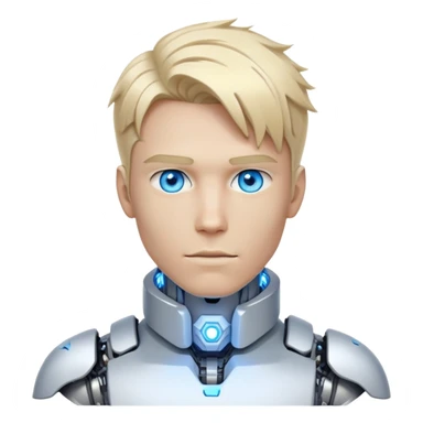 Cyborg male with tousled straight blond hair, partly mechanical face, glowing eyes, white tech collar sticker