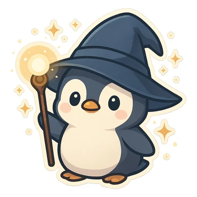 adorable chibi penguin wizard with oversized hat, holding a glowing staff, surrounded by magical sparkles sticker