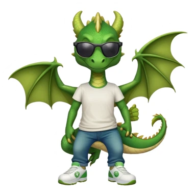 friendly anthropomorphised green dragon in a sports t-shirt and jeans wearing dark sunglasses sticker