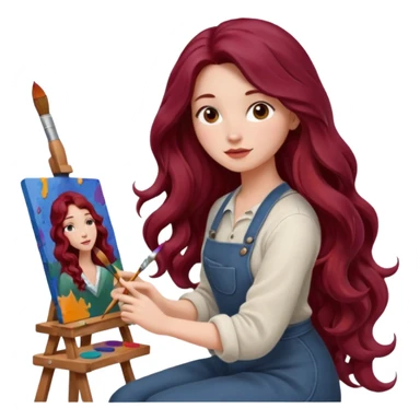 Realistic, female artist with long burgundy wavy hair, sitting at a canvas, with paint brushes, side view, still life, 3D rending  sticker
