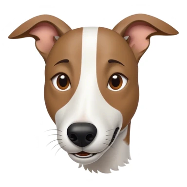 Cinematic Comical White and Brown Greyhound Portrait Emoji, Head tilted dramatically with an exaggeratedly amused expression, featuring a striking white Fur with dynamic brown accents, wide, expressive eyes filled with playful disbelief, Simplified yet hilariously expressive features, highly detailed, glowing with a slightly sassy glow, high shine, dramatic yet playful, stylized with an air of cheeky mischief, bright and endearing, soft glowing outline, capturing the essence of a spirited and over-the-top racer, so meme-worthy it feels like it could side-eye its way into internet fame instantly! sticker
