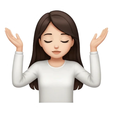Girl long dark brown hair light medium skin hands lifted, eyes closed, white top sticker