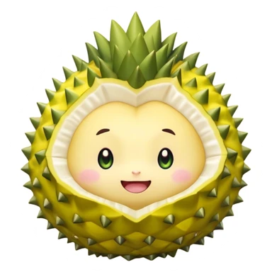 A chibi-style round durian character with green spiky shell and yellow flesh, blushing and shy with sparkly eyes – pastel tones sticker