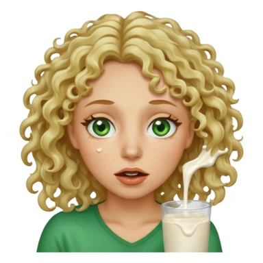 Woman with green eyes and dirt blonde curly hair with milk dripping from mouth and face  sticker