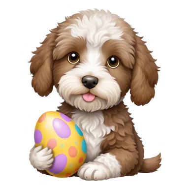 Aussie labradoodle Merle brown with white chest. It’s a puppy holding an Easter egg sticker