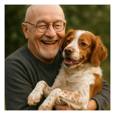 bald old man with round glasses and a grey goatee, holding a Brittany Spaniel in his arms, joyful and loving mood sticker