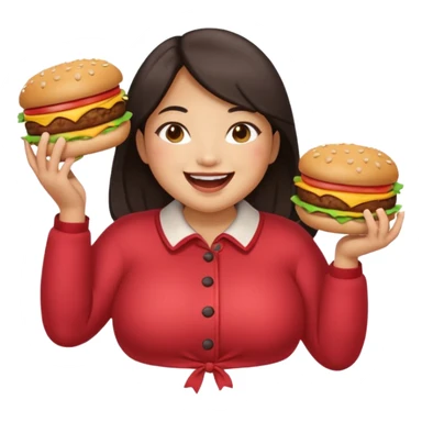 n create a humongous asian girl with 2 burgers and a cookie in her mouth, she is super fat, please make her a full body emoji sticker