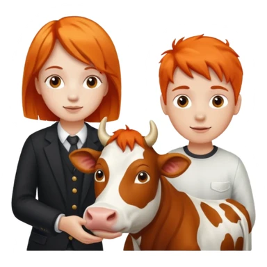 A boy and a girl with orange hair petting a cow sticker