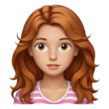 A girl with slightly tan skin but white, with freckles, brown long hair with no bags just face framing, beach waves hairstyle, brown eyes, light blush and normal size lips  sticker