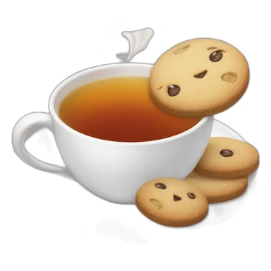 white cup of tea with a tea bag and cookies sticker