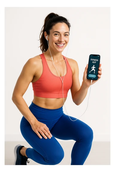 donna su sfondo isolato che fa workout tramite app fitness. in italiano sticker