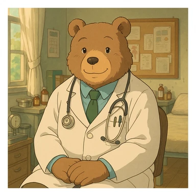 bear doctor, ghibli style, gentle and warm, medical setting, soft colors sticker