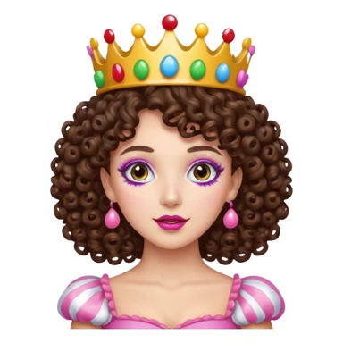 brunette curly haired queen of the candyland, with candy makeup candy crown and just face sticker
