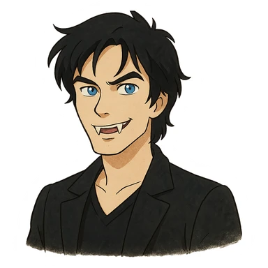 ghibli style Damon Salvatore as a vampire with dark hair, blue eyes, fangs, charming expression sticker