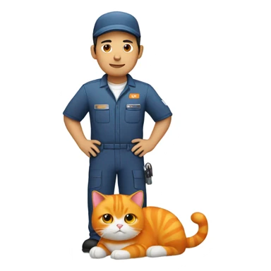 Asian man in mechanic uniform holding fat orange cat  sticker