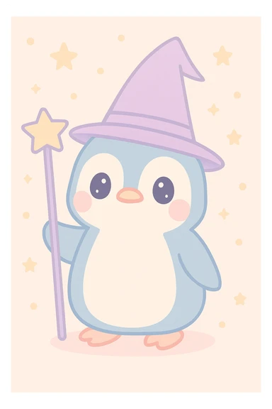a penguin dressed as a wizard, with a pointed hat and a magic staff, charming colorful style sticker